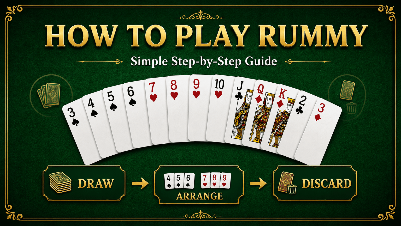 Online 13 Card Rummy table showing how to sort, draw, discard and declare
