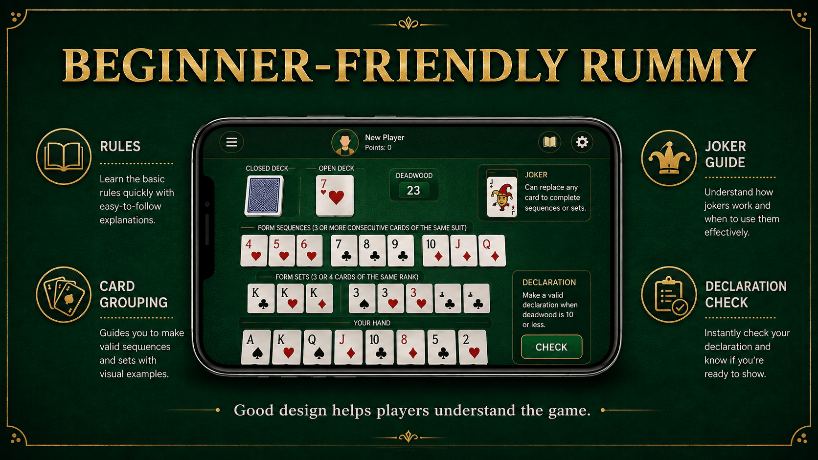 Beginner friendly features in an online Rummy app