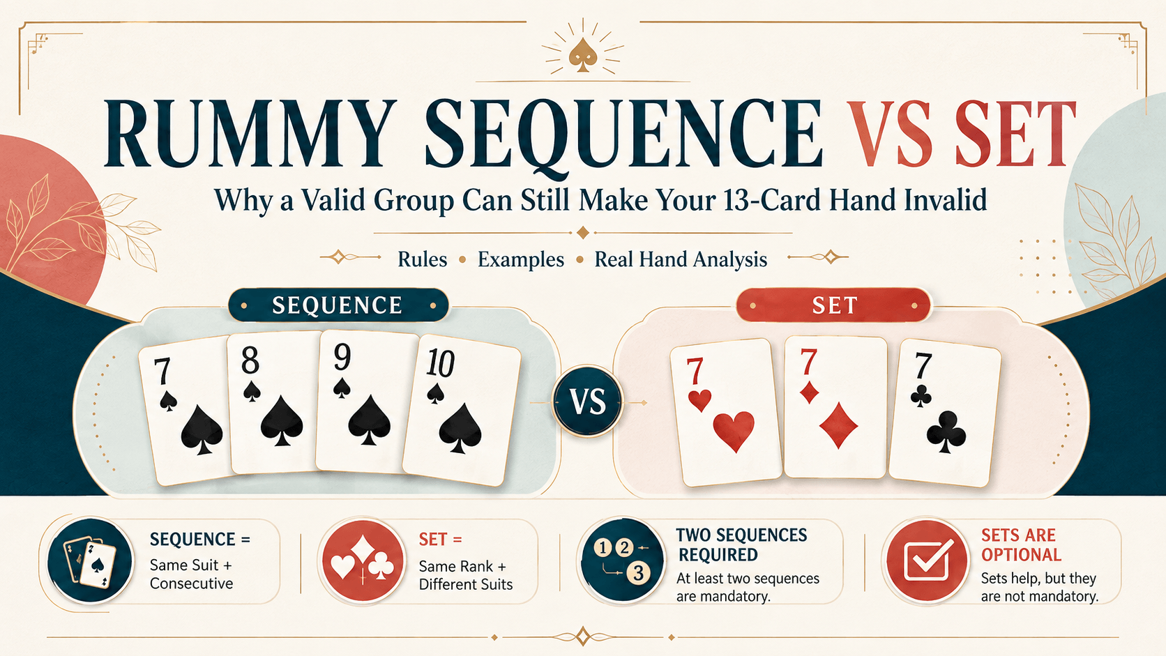 Rummy sequence vs set with 13-card hand analysis