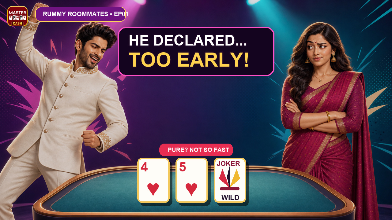 Arjun celebrates too early while Riya checks an invalid pure sequence made with 4 of Hearts, 5 of Hearts and a Joker