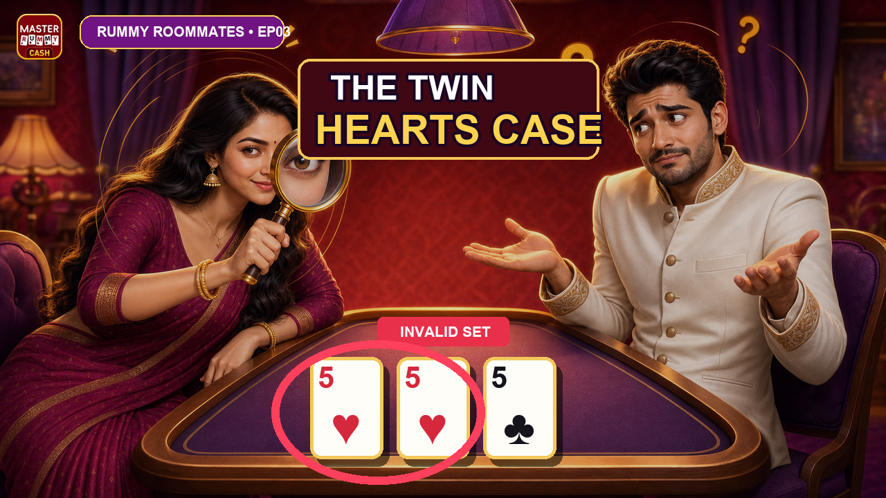 Riya uses a magnifying glass to find two 5 of Hearts inside an invalid Rummy set with a 5 of Clubs