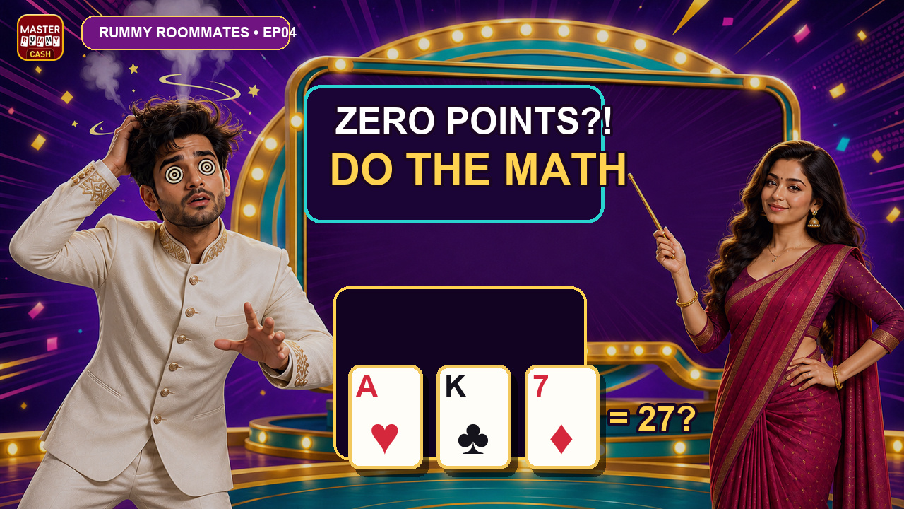 Confused Arjun counts an Ace of Hearts, King of Clubs and 7 of Diamonds while Riya shows the correct total of 27 Rummy points